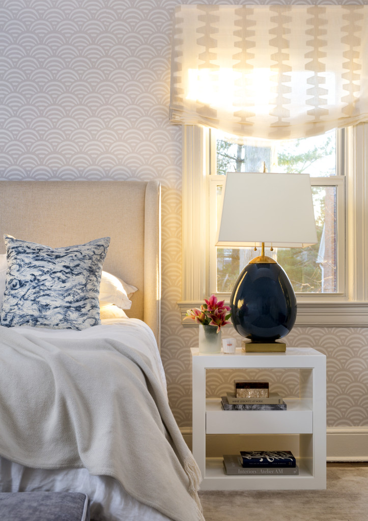 Ella Scott Design | Modern Cottage | master bedroom modern bedroom wallpaper upholstered headboard Romo fabric roman shade Visual Comfort light